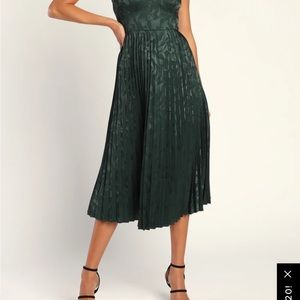 Chic Sensibility Dark Green Satin Jacquard Pleated Midi Dress from Lulus.com
